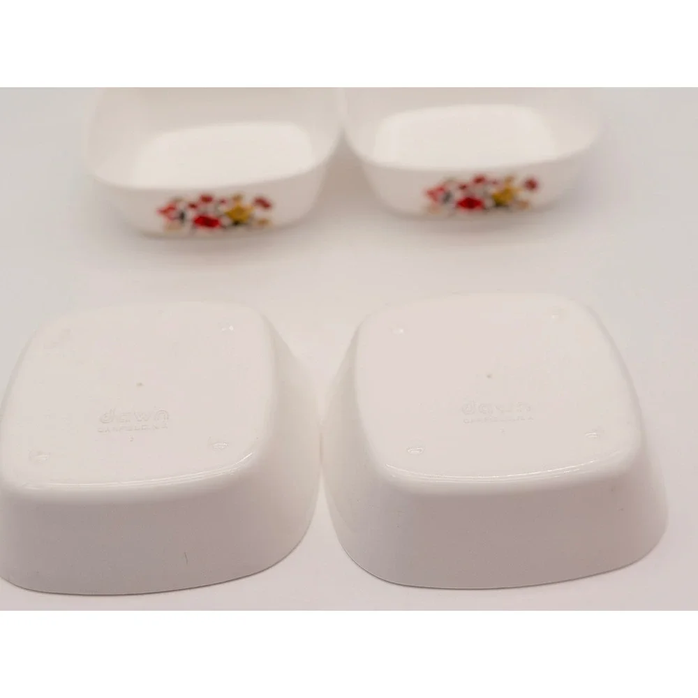 Dawn Garfield NJ Vintage Set of 4 Small Square White Floral Plastic Bowls 1970s
